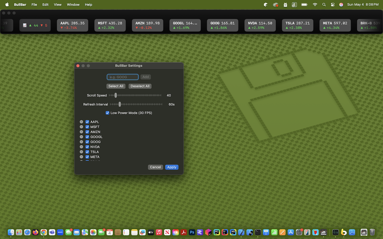 BullBar Real-Time Stock Ticker for macOS